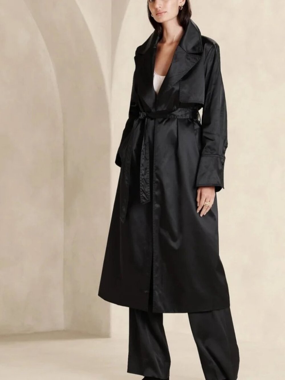 NWT Banana Republic Maja Satin Trench Coat in Black. Size S.